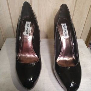 Steve Madden, black patent very high heel pumps